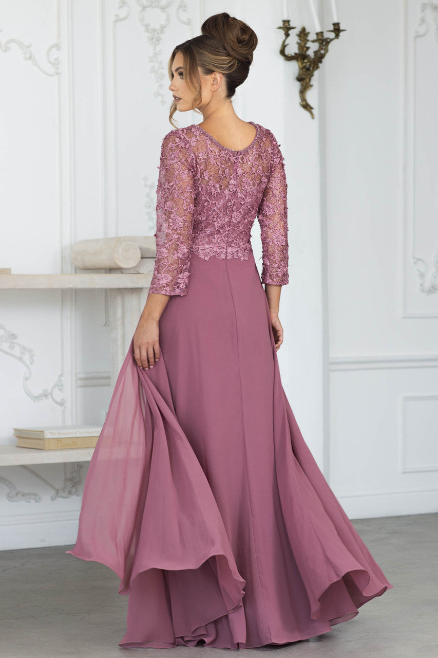 Lace Chiffon 3/4 Sleeve A-line Gown by Lenovia 8375