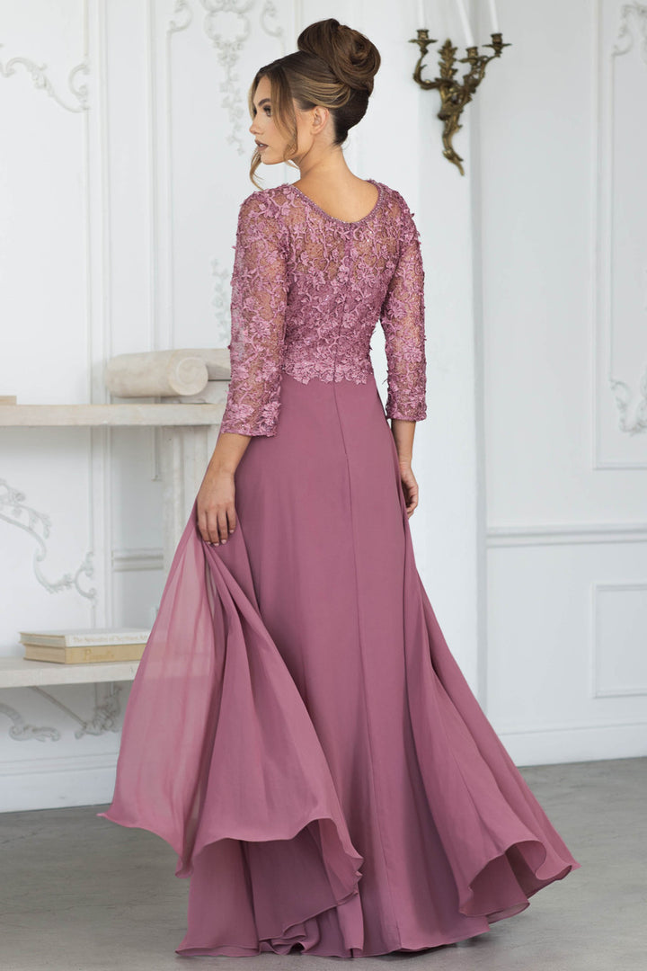 Lace Chiffon 3/4 Sleeve A-line Gown by Lenovia 8375