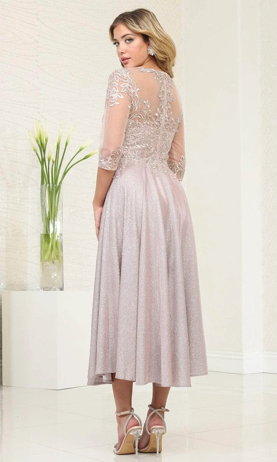 Mid-Sleeve Tea Length Dress by May Queen MQ2057