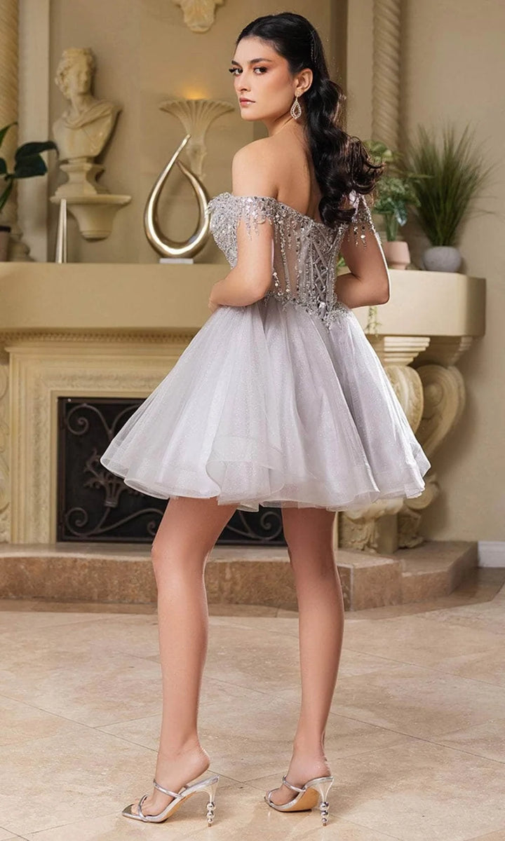 Short Off Shoulder Fringe Dress by May Queen MQ2129