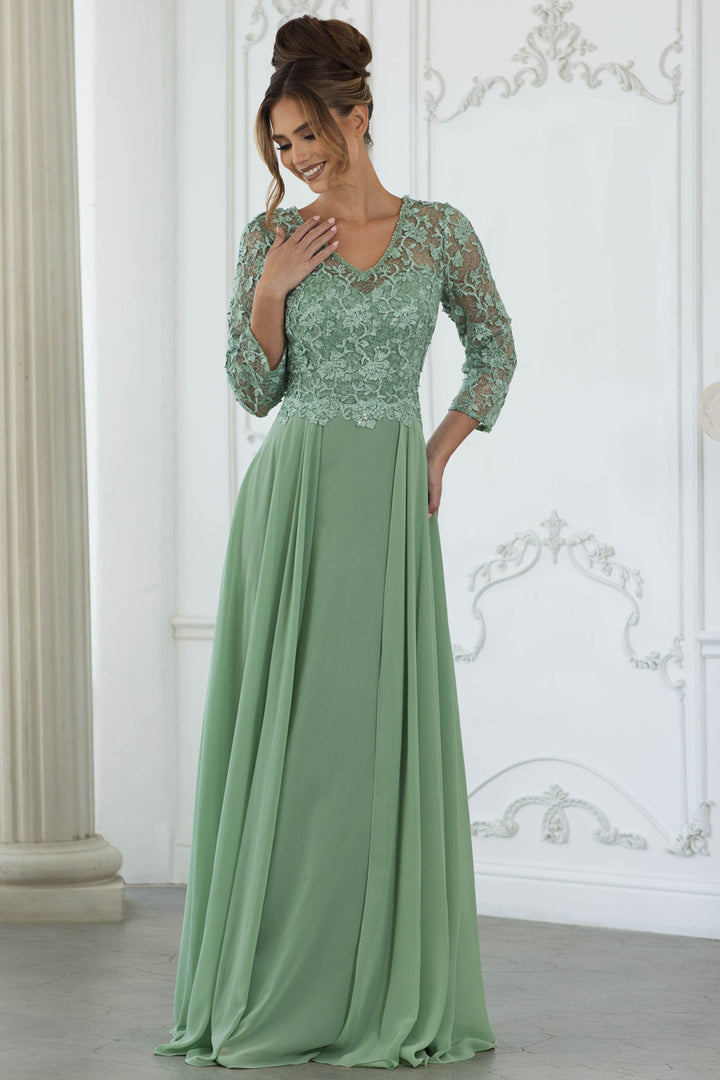Lace Chiffon 3/4 Sleeve A-line Gown by Lenovia 8375