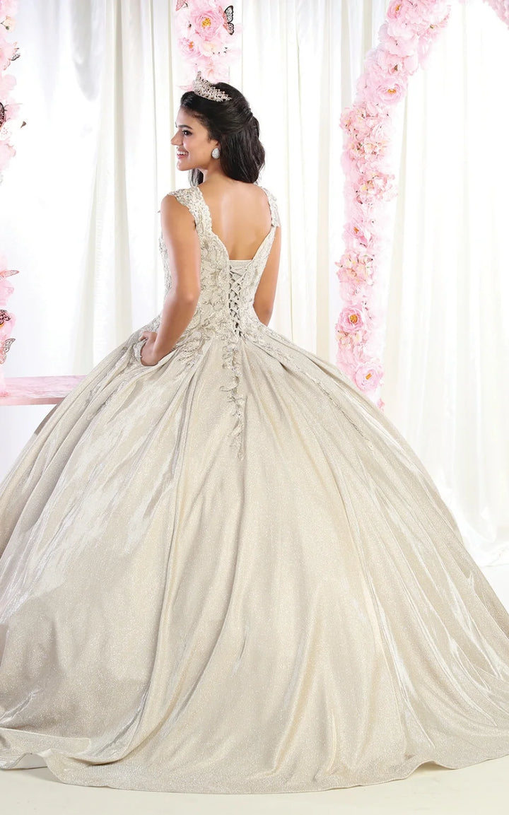 Metallic Sleeveless Ball Gown by May Queen LK178
