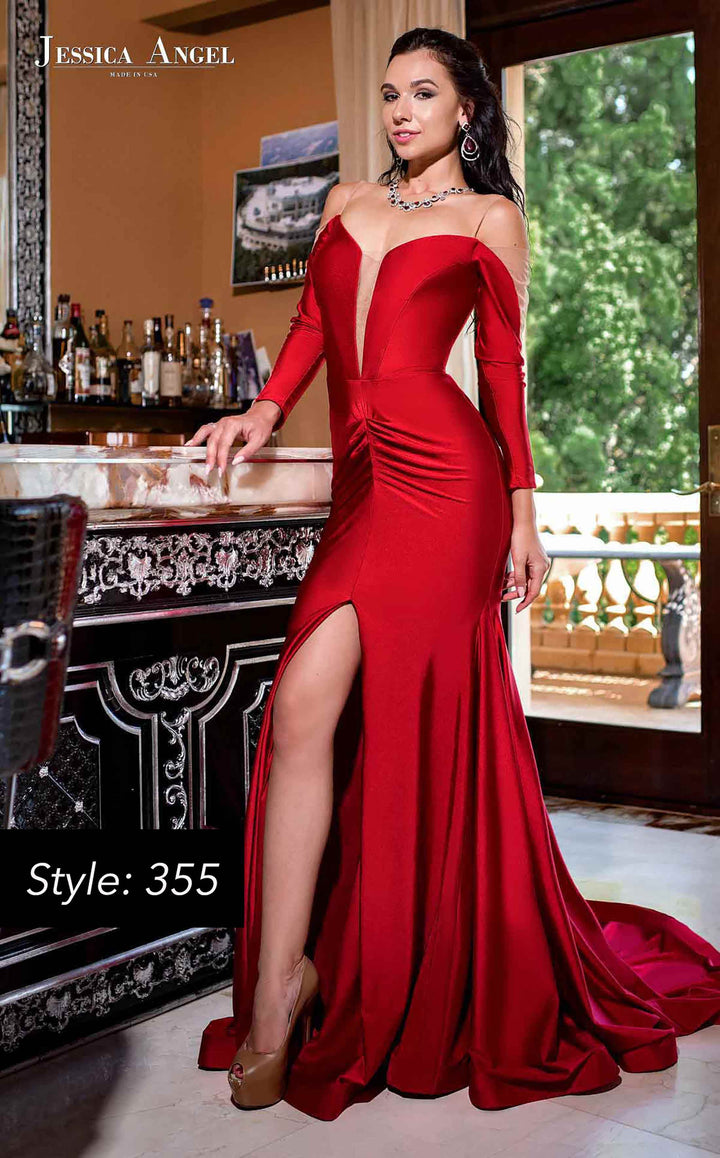 Jersey Fitted Long Sleeve Slit Gown by Jessica Angel 355