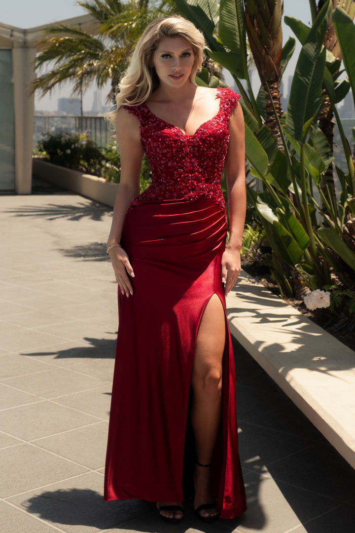Applique Satin Short Sleeve Slit Gown by Lenovia 8480
