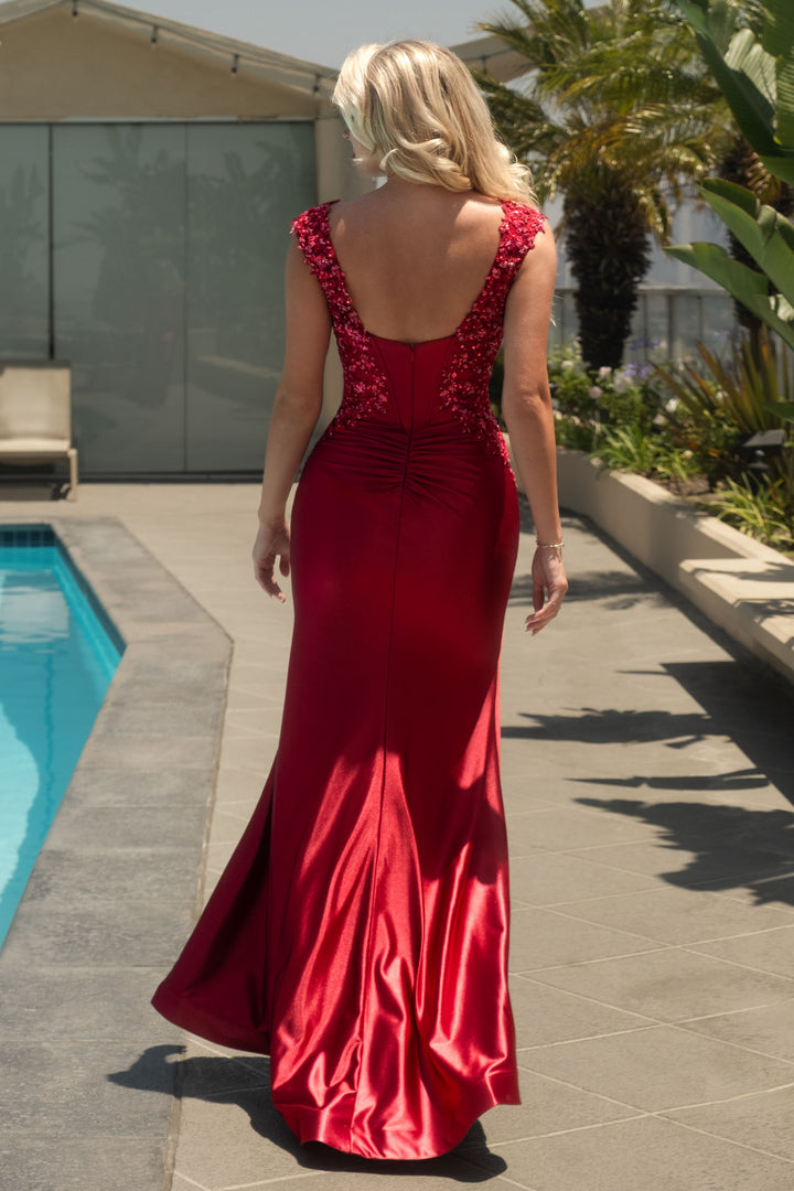 Applique Satin Short Sleeve Slit Gown by Lenovia 8480