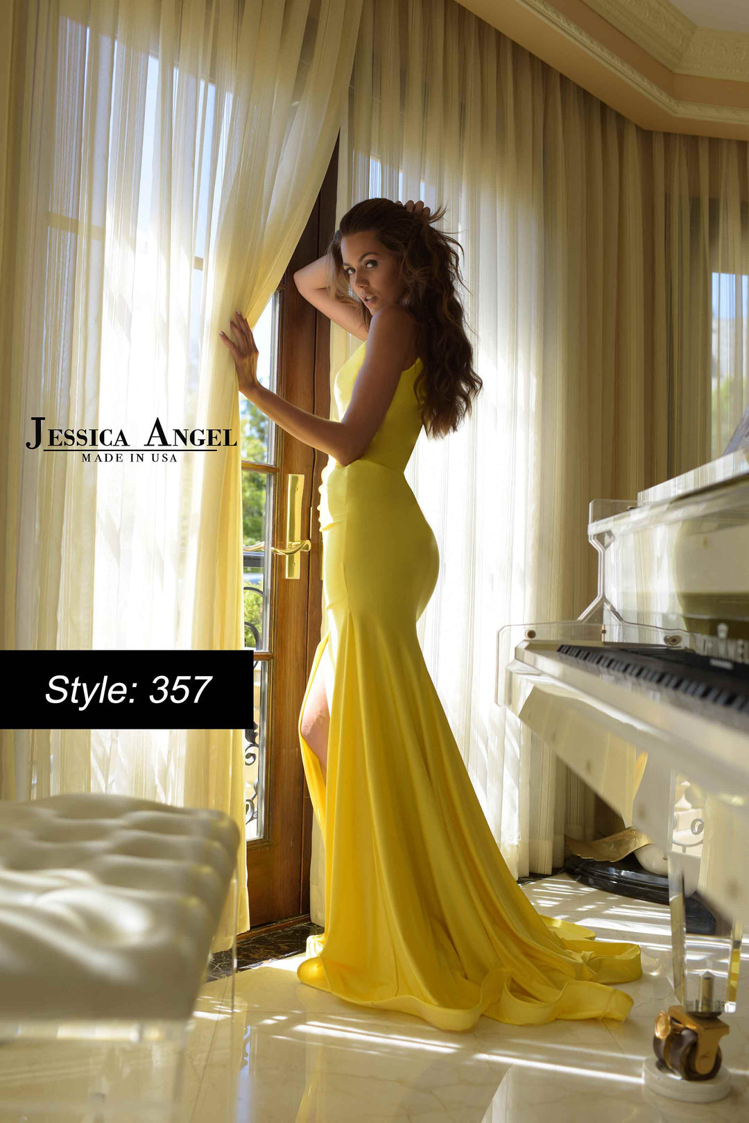 Jersey Fitted V-Neck Slit Gown by Jessica Angel 357