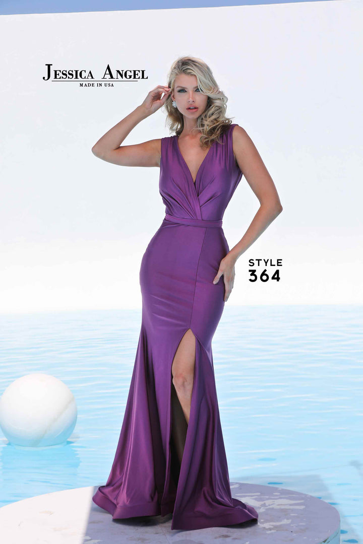 Jersey Fitted V-Neck Slit Gown by Jessica Angel 364