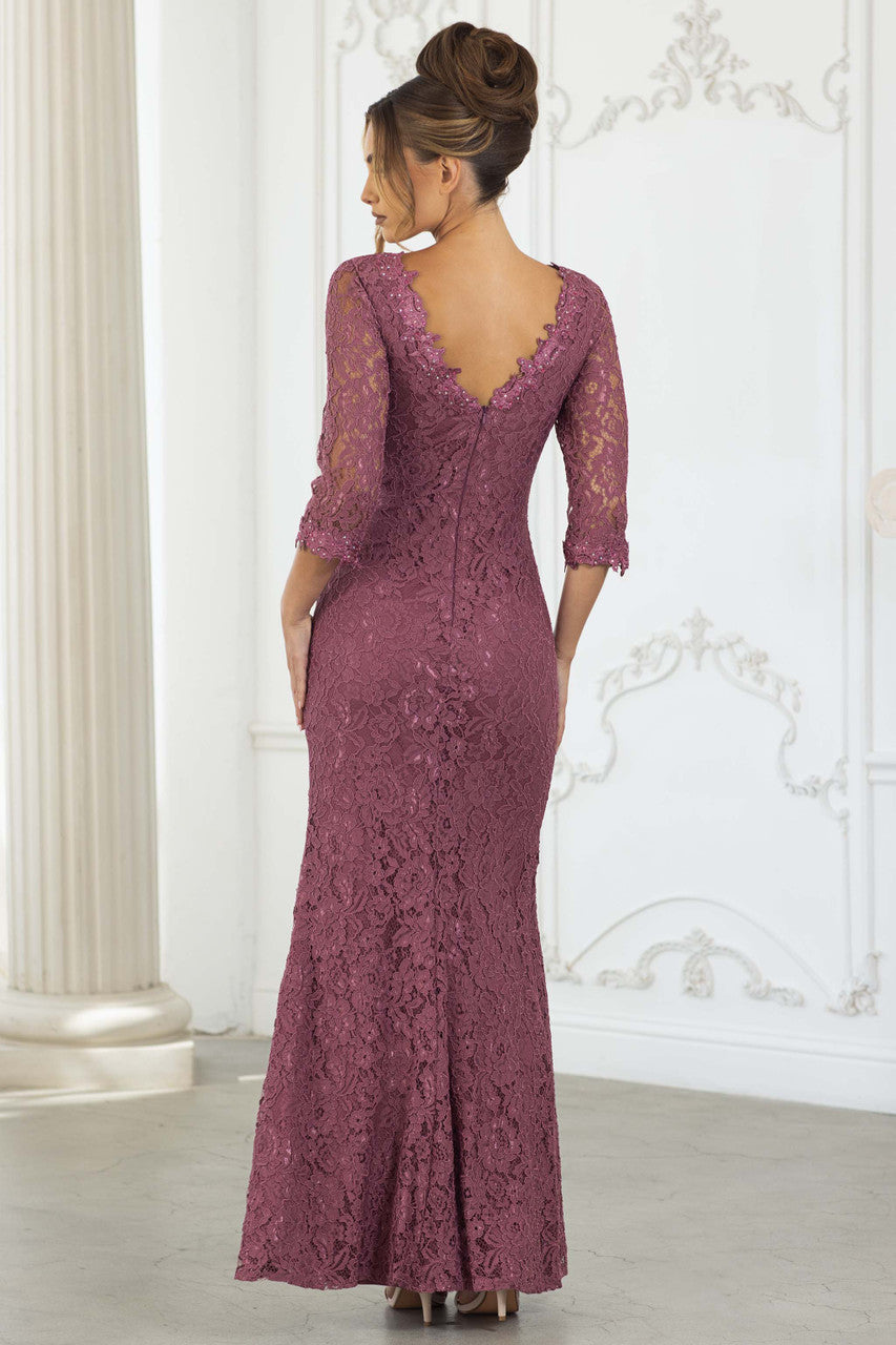 Lace Fitted 3/4 Sleeve Slit Gown by Lenovia 8373