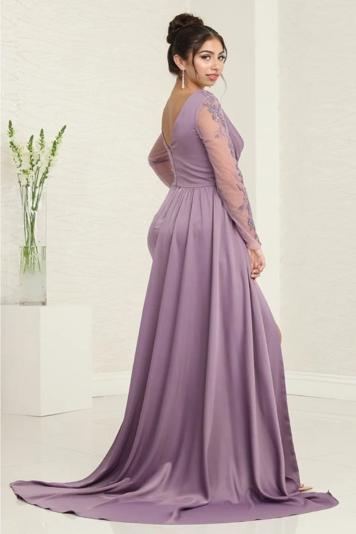 Beaded Satin Long Sleeve Slit Gown by May Queen RQ8045