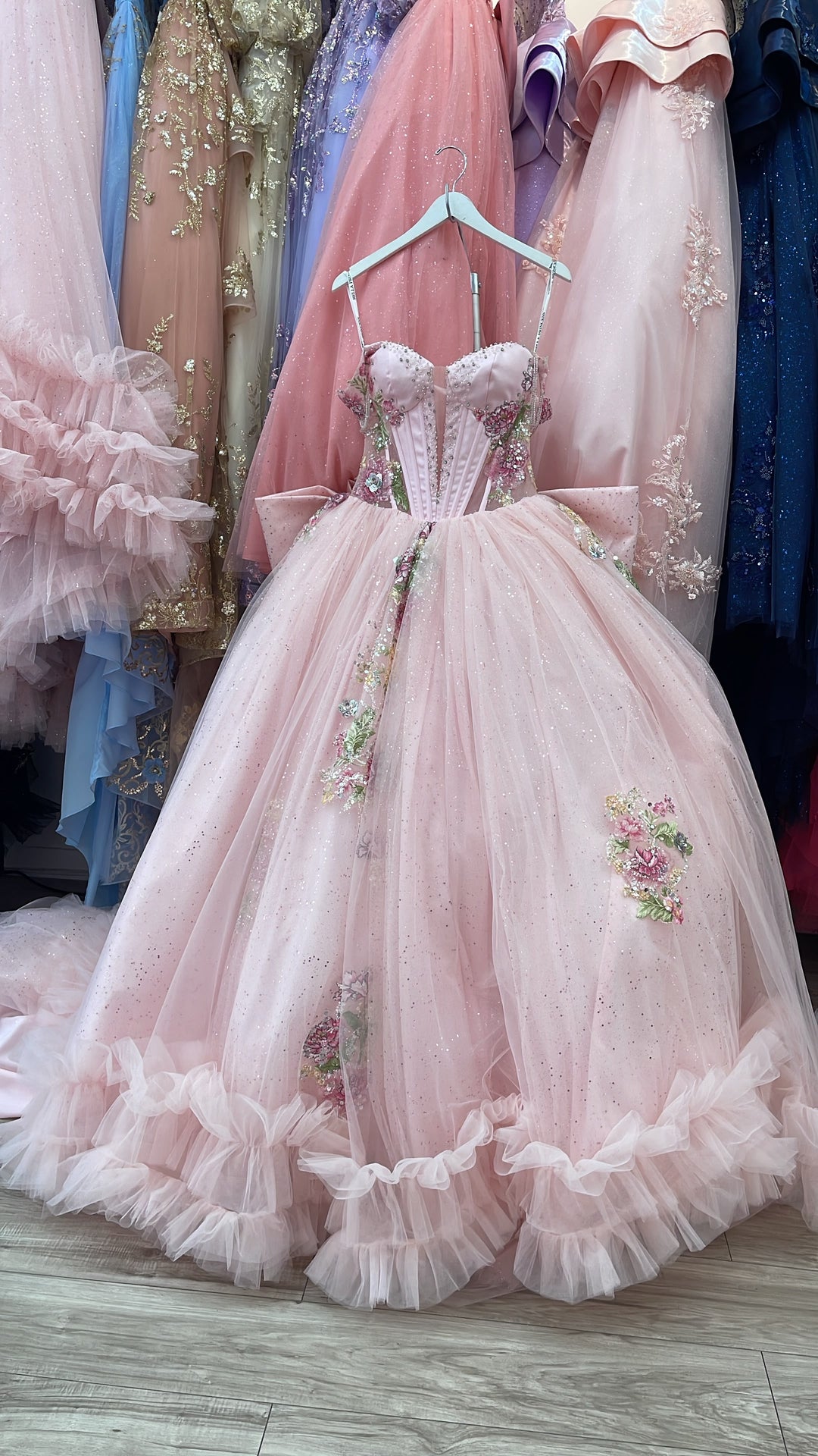 Off Shoulder Ruffled Ball Gown by Petite Adele PQ1095