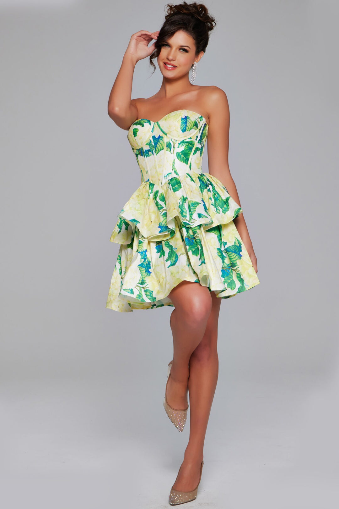 Floral Print Short Strapless A-line Dress by Jovani JVN37057
