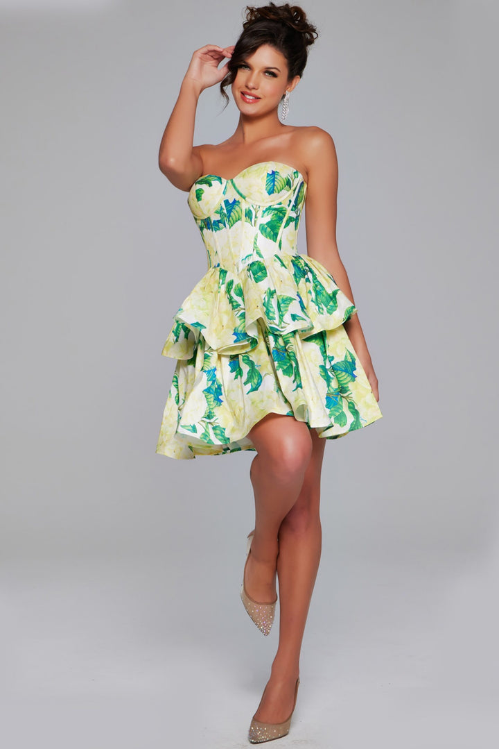Floral Print Short Strapless A-line Dress by Jovani JVN37057