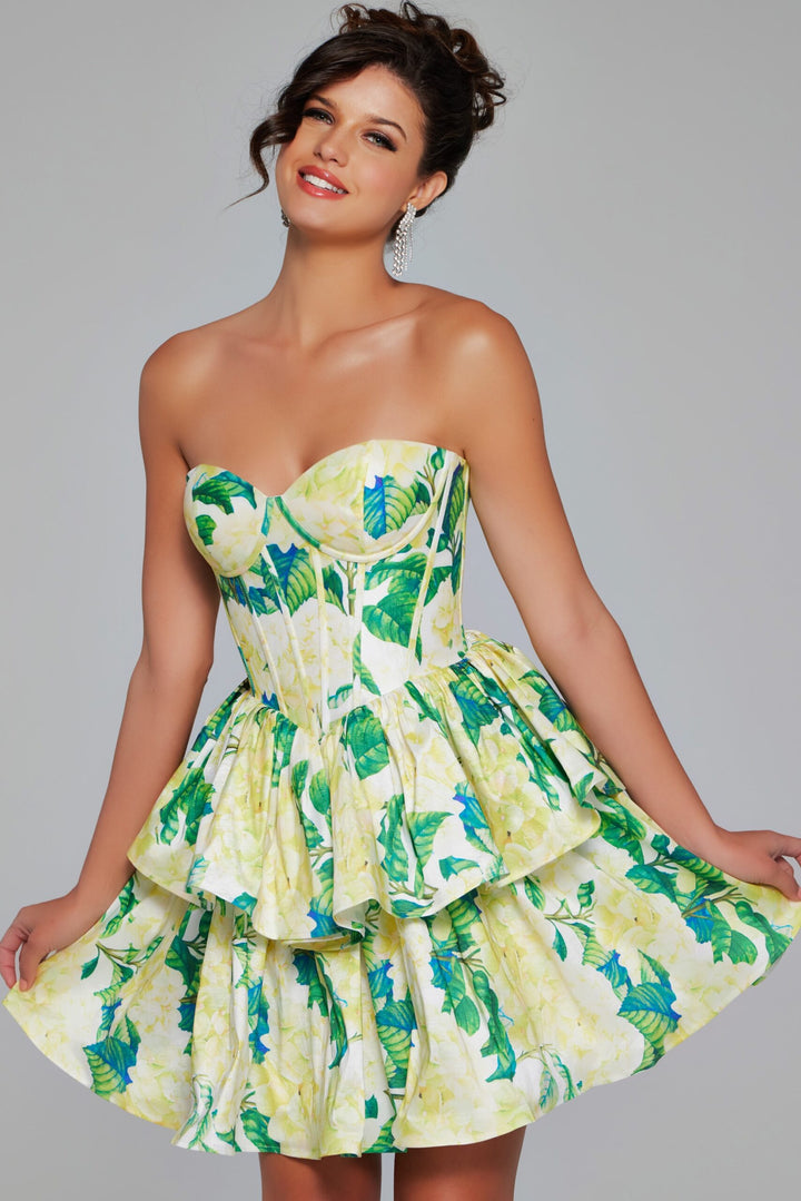 Floral Print Short Strapless A-line Dress by Jovani JVN37057