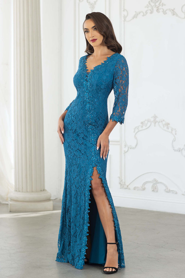 Lace Fitted 3/4 Sleeve Slit Gown by Lenovia 8373