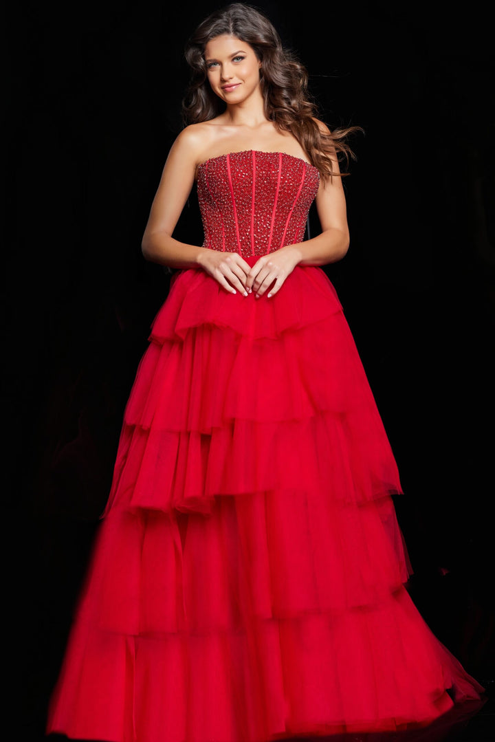Beaded Strapless Tiered A-line Gown by Jovani 37210