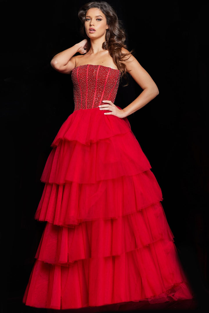 Beaded Strapless Tiered A-line Gown by Jovani 37210