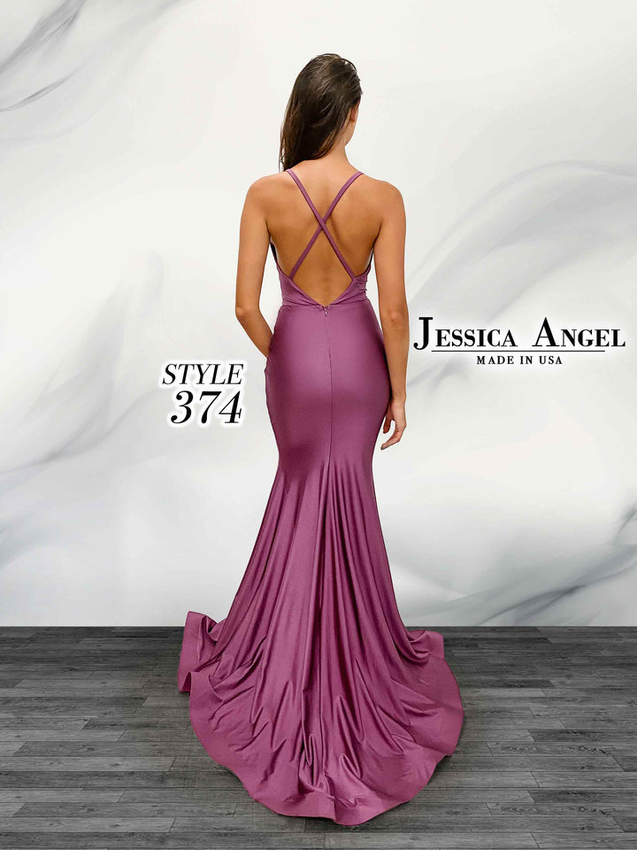 Jersey Fitted V-Neck Slit Gown by Jessica Angel 374