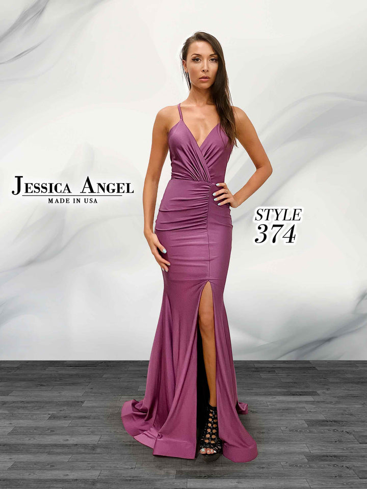 Jersey Fitted V-Neck Slit Gown by Jessica Angel 374