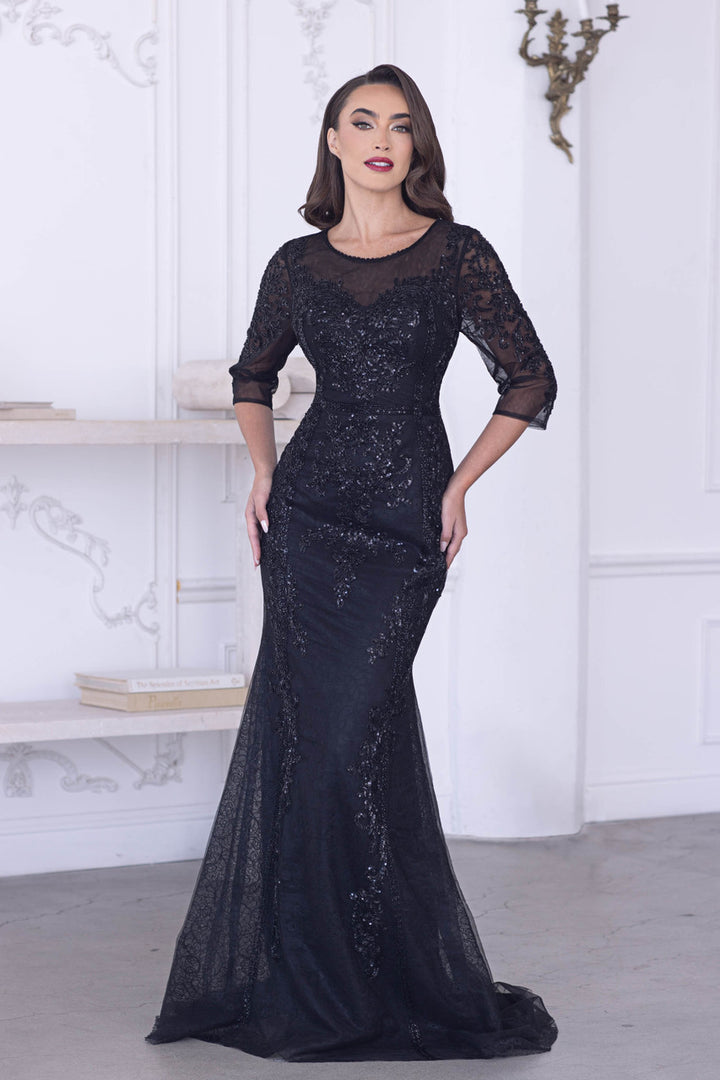 Beaded Fitted 3/4 Sleeve Gown by Lenovia 8369