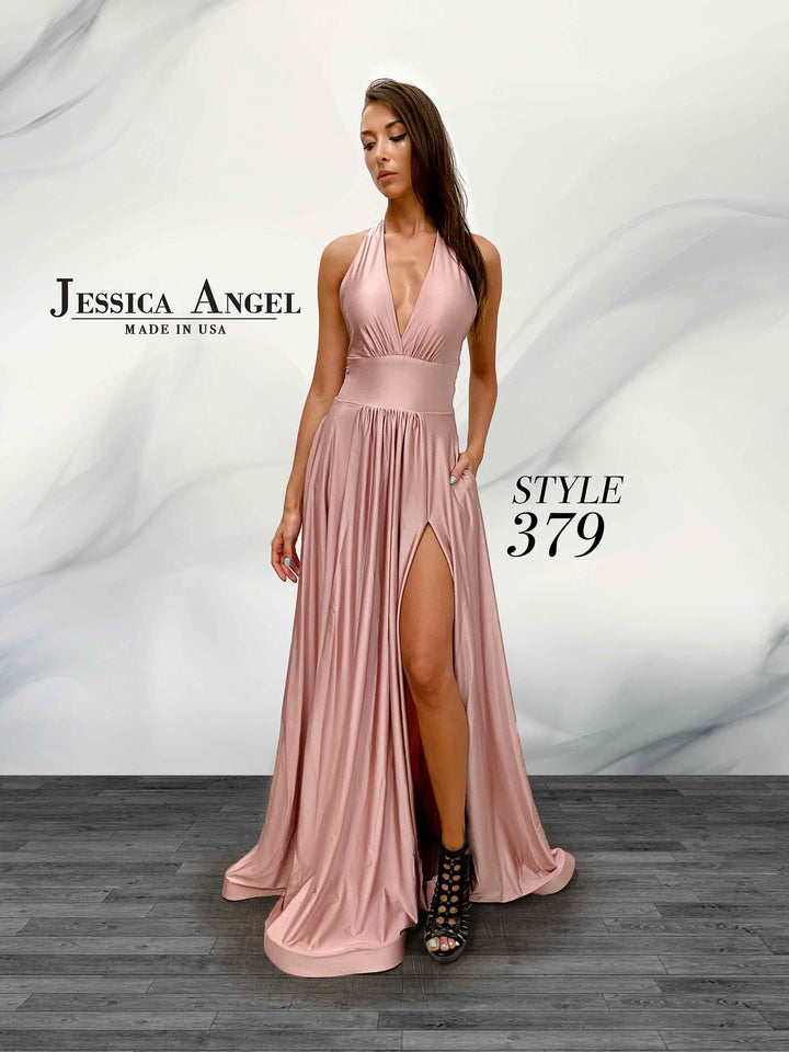 Jersey Halter A-line Slit Gown by Jessica Angel 379