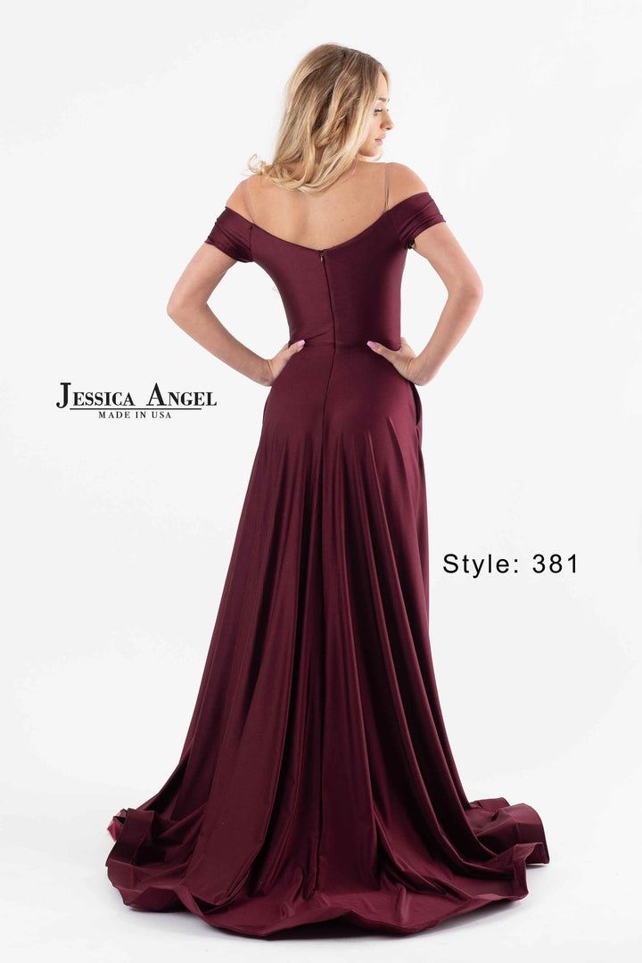 Jersey Off Shoulder A-line Slit Gown by Jessica Angel 381