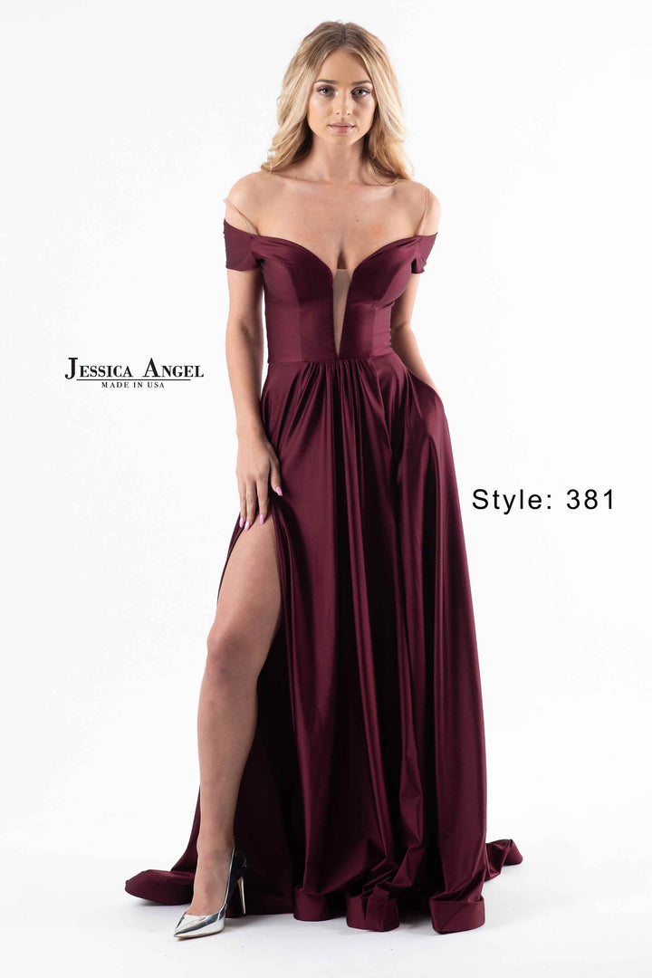 Jersey Off Shoulder A-line Slit Gown by Jessica Angel 381