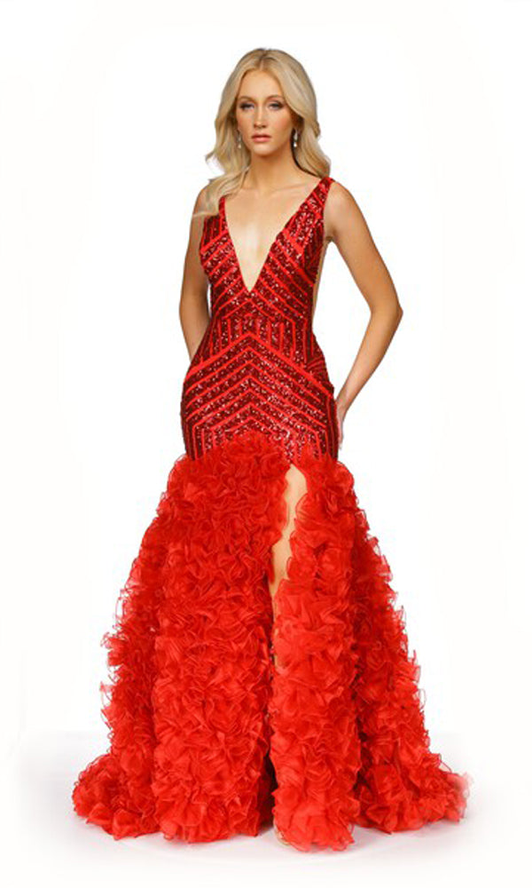 Beaded Sleeveless Ruffled Slit Gown by Jovani 38137