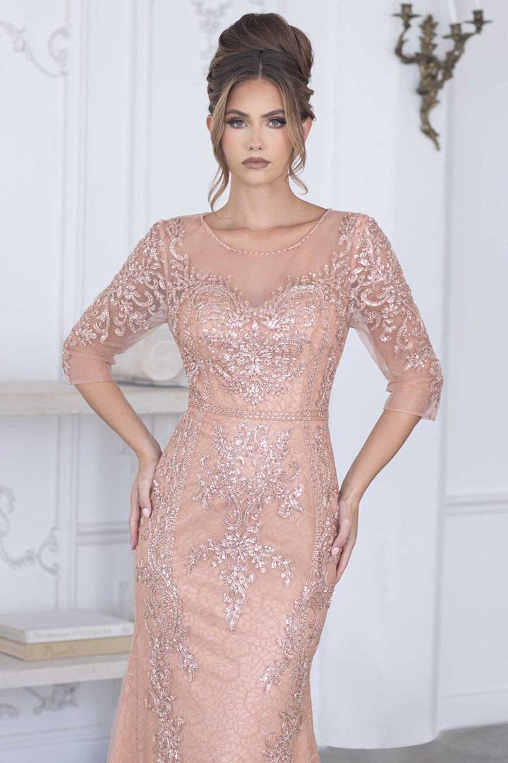 Beaded Fitted 3/4 Sleeve Gown by Lenovia 8369