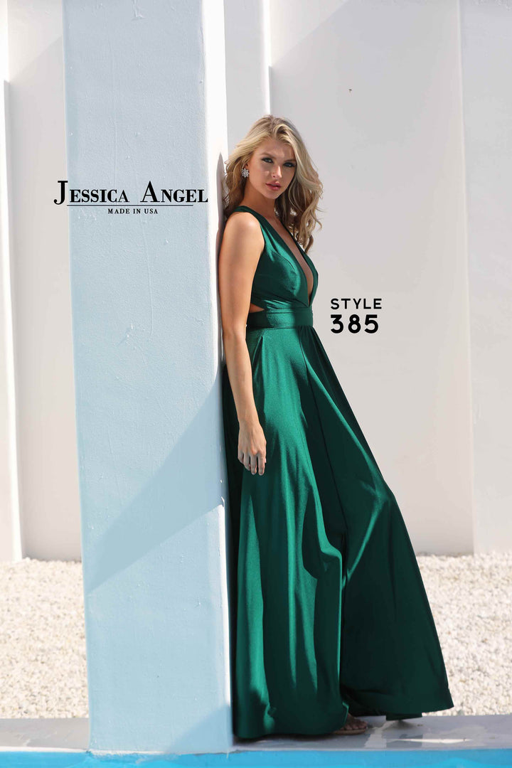 Jersey V-Neck A-line Slit Gown by Jessica Angel 385