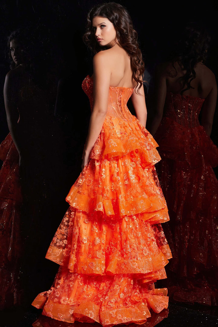 Tulle Strapless A-line Layered Slit Gown by Jovani 38528