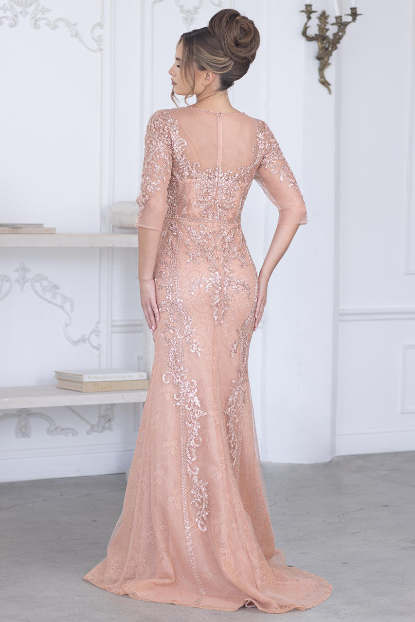 Beaded Embroidered Mesh Dress with Illusion Details 8369 by Lenovia XL / Rose Gold Beaded Embroidered Mesh Dress with Illusion Details 8369 by Lenovia XL / Rose Gold