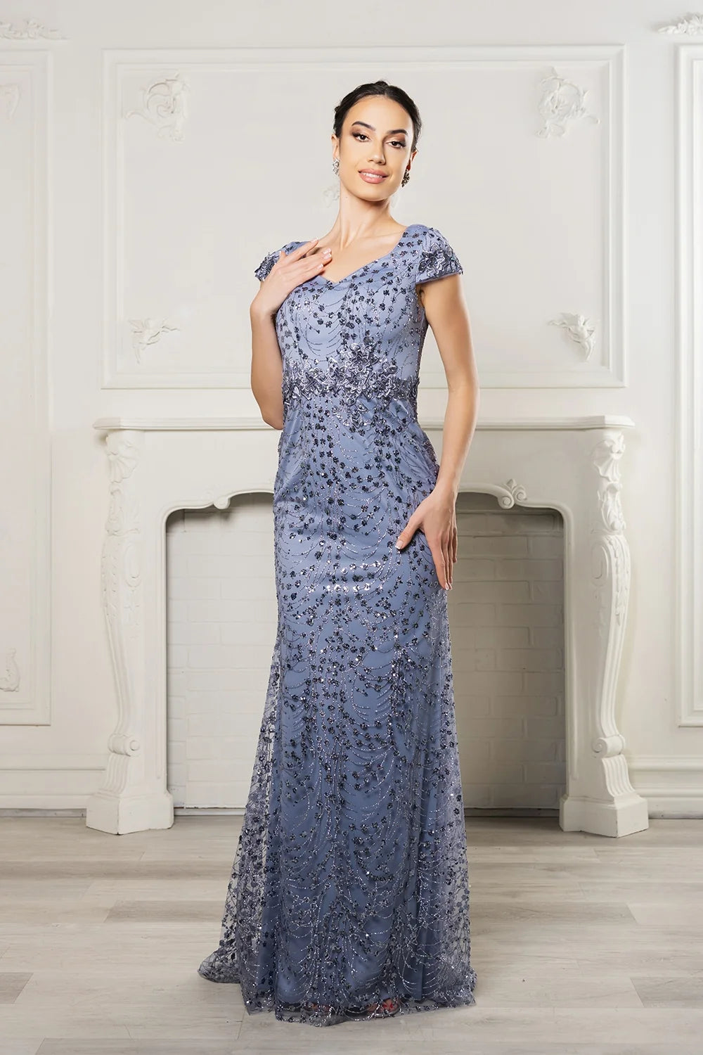 Glitter Cap Sleeve Gown by May Queen MQ2062