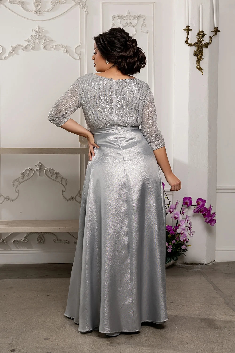 Sequin 3/4 Sleeve A-line Gown by May Queen MQ1852
