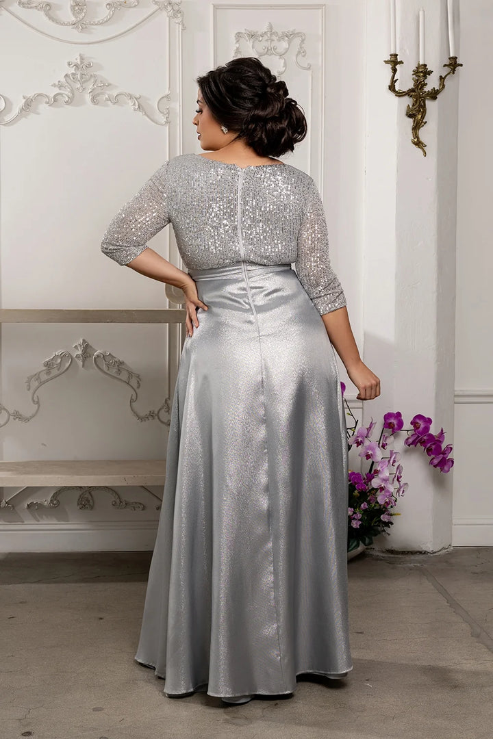 Sequin 3/4 Sleeve A-line Gown by May Queen MQ1852