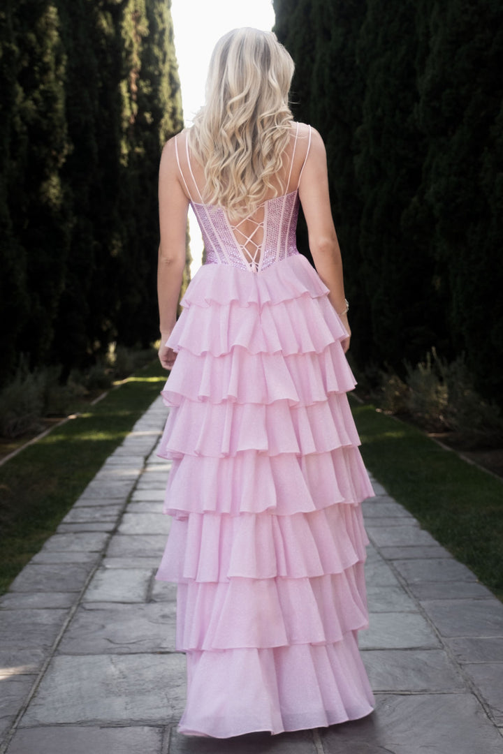 Glitter Sleeveless A-line Tiered Gown by Lenovia 8501