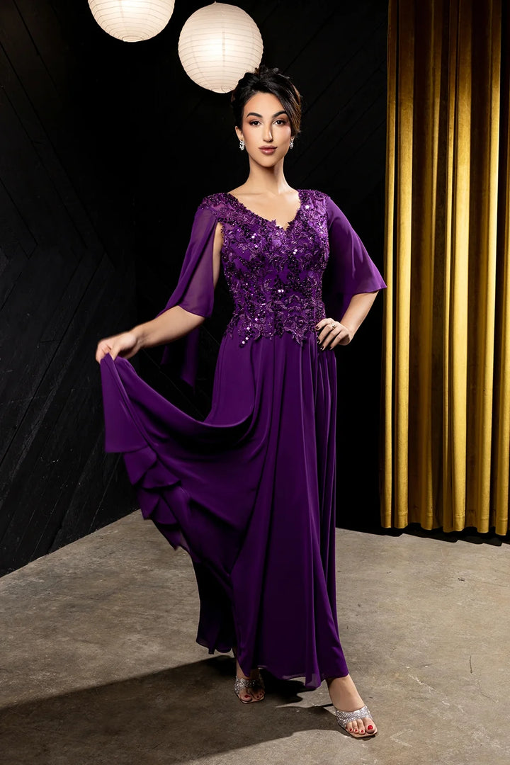 Applique Cap Sleeve A-line Gown by May Queen MQ2233