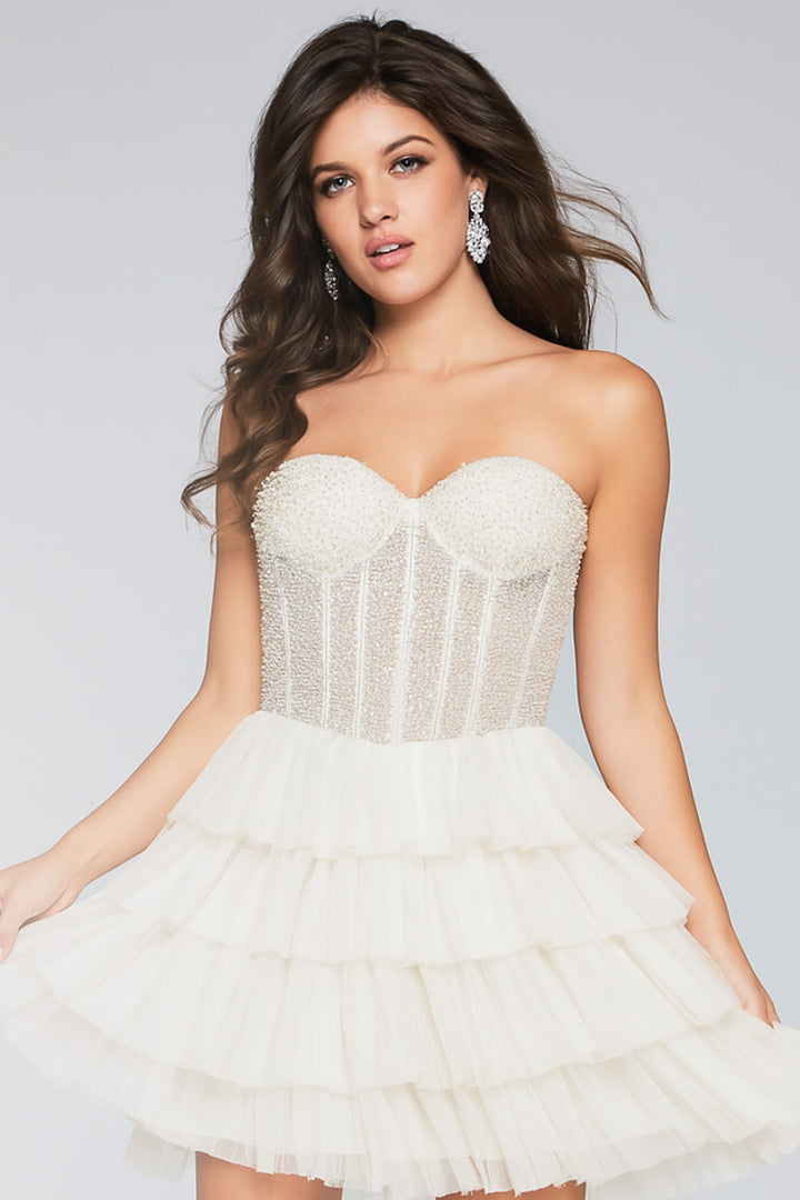 Short Strapless A-line Tiered Dress by Jovani 39629