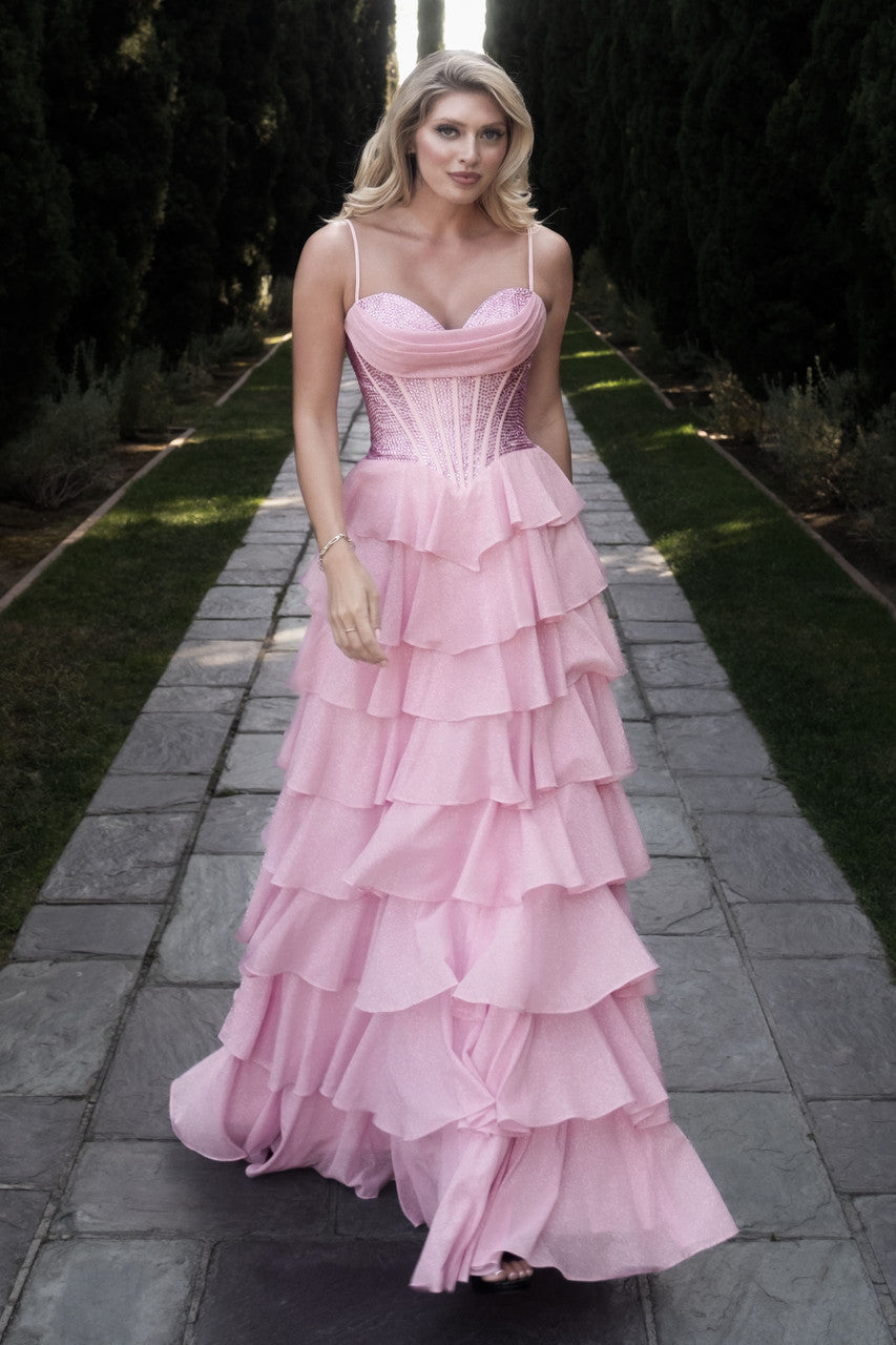 Glitter Sleeveless A-line Tiered Gown by Lenovia 8501