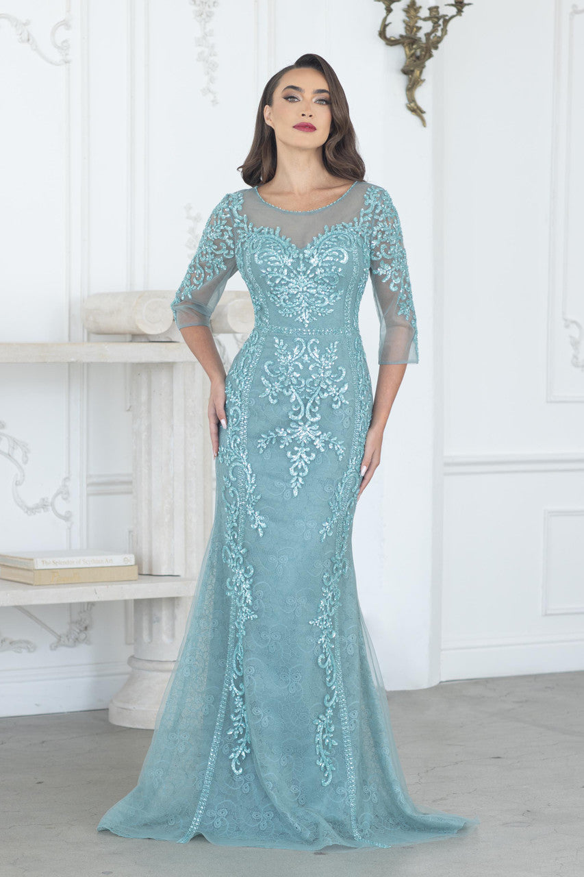 Beaded Fitted 3/4 Sleeve Gown by Lenovia 8369