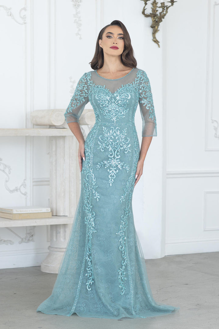 Beaded Fitted 3/4 Sleeve Gown by Lenovia 8369