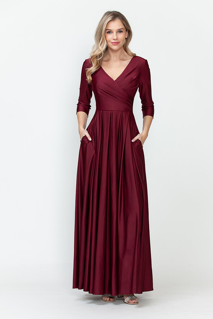 3/4 Sleeve V-Neck A-line Gown by Lenovia 5243