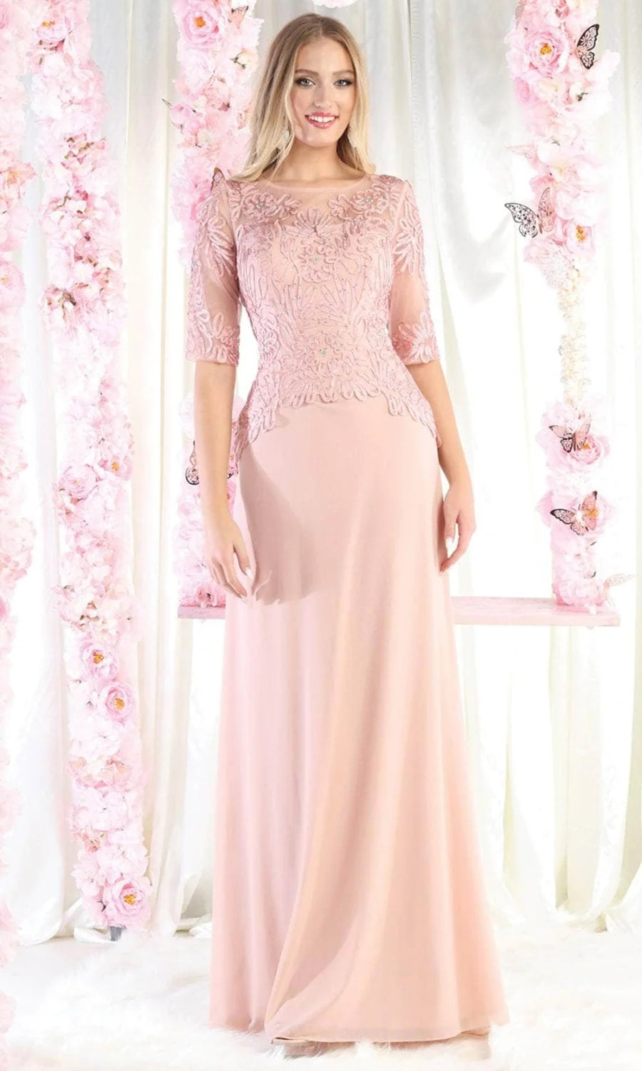 Applique Mid-Sleeve A-line Gown by May Queen MQ1979