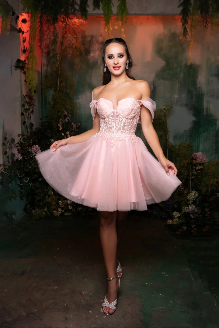 Applique Short Off Shoulder Dress by May Queen MQ2117