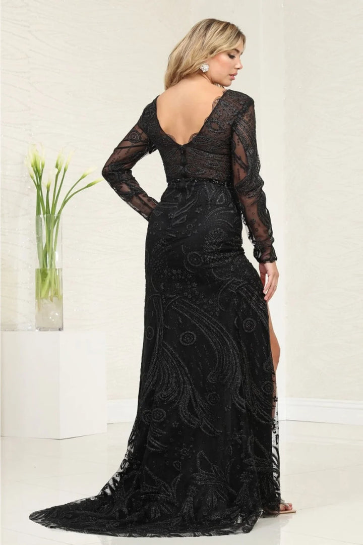 Embroidered Long Sleeve Slit Gown by May Queen RQ7972