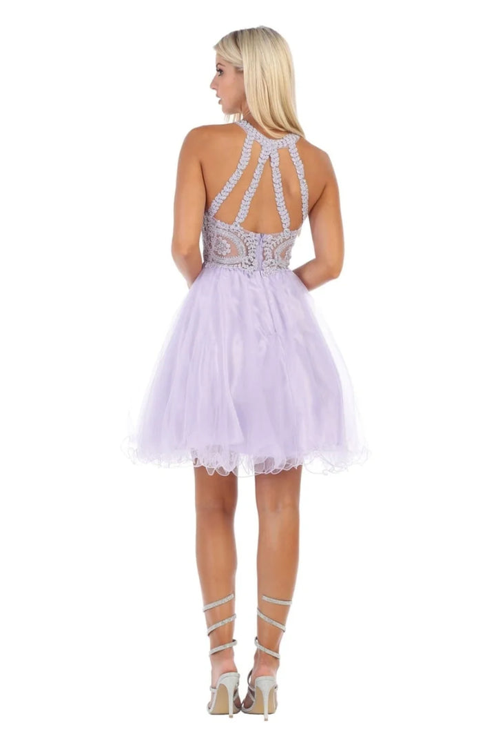 Applique Short Halter Ruffled Dress by May Queen MQ1643