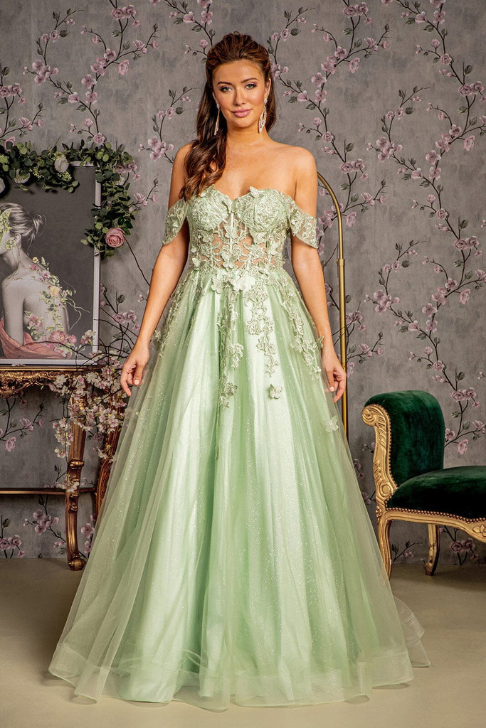 3D Butterfly Off Shoulder Corset Gown by GLS Gloria GL3296 L / Sage 3D Butterfly Off Shoulder Corset Gown by GLS Gloria GL3296 L / Sage
