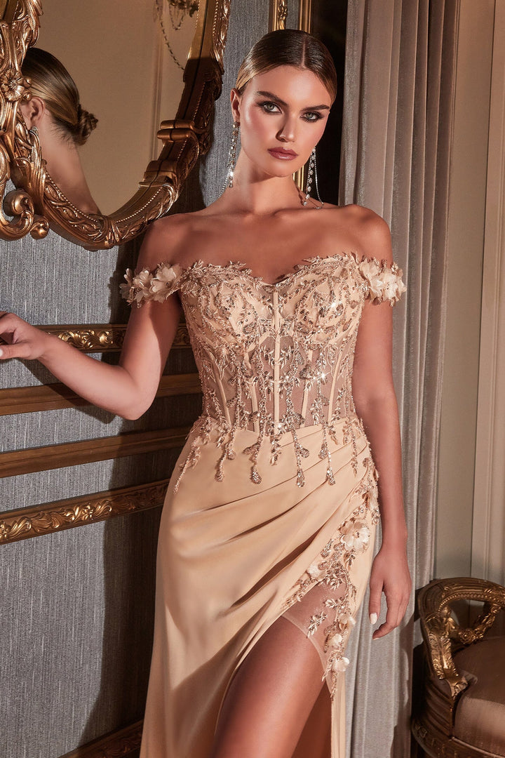 3D Fitted Floral Corset Slit Gown by Ladivine CD0186 - Outlet