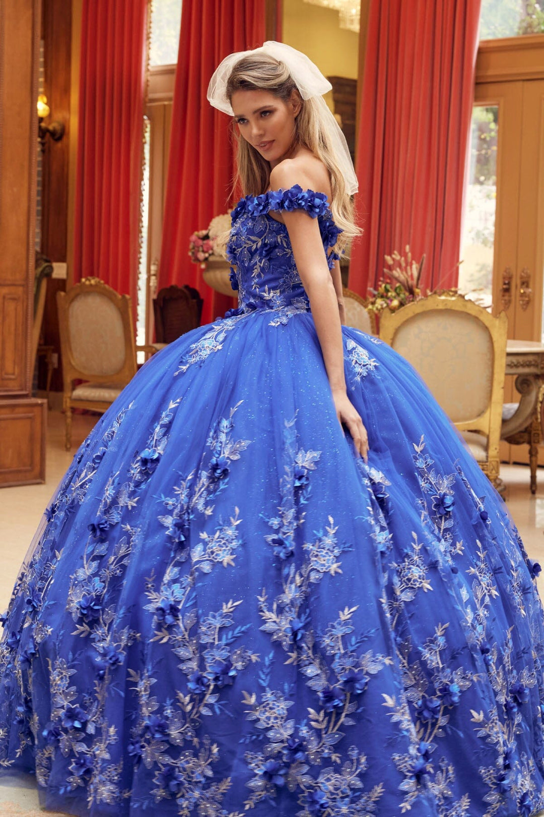 3D Floral Applique Off Shoulder Ball Gown by Juliet 1447