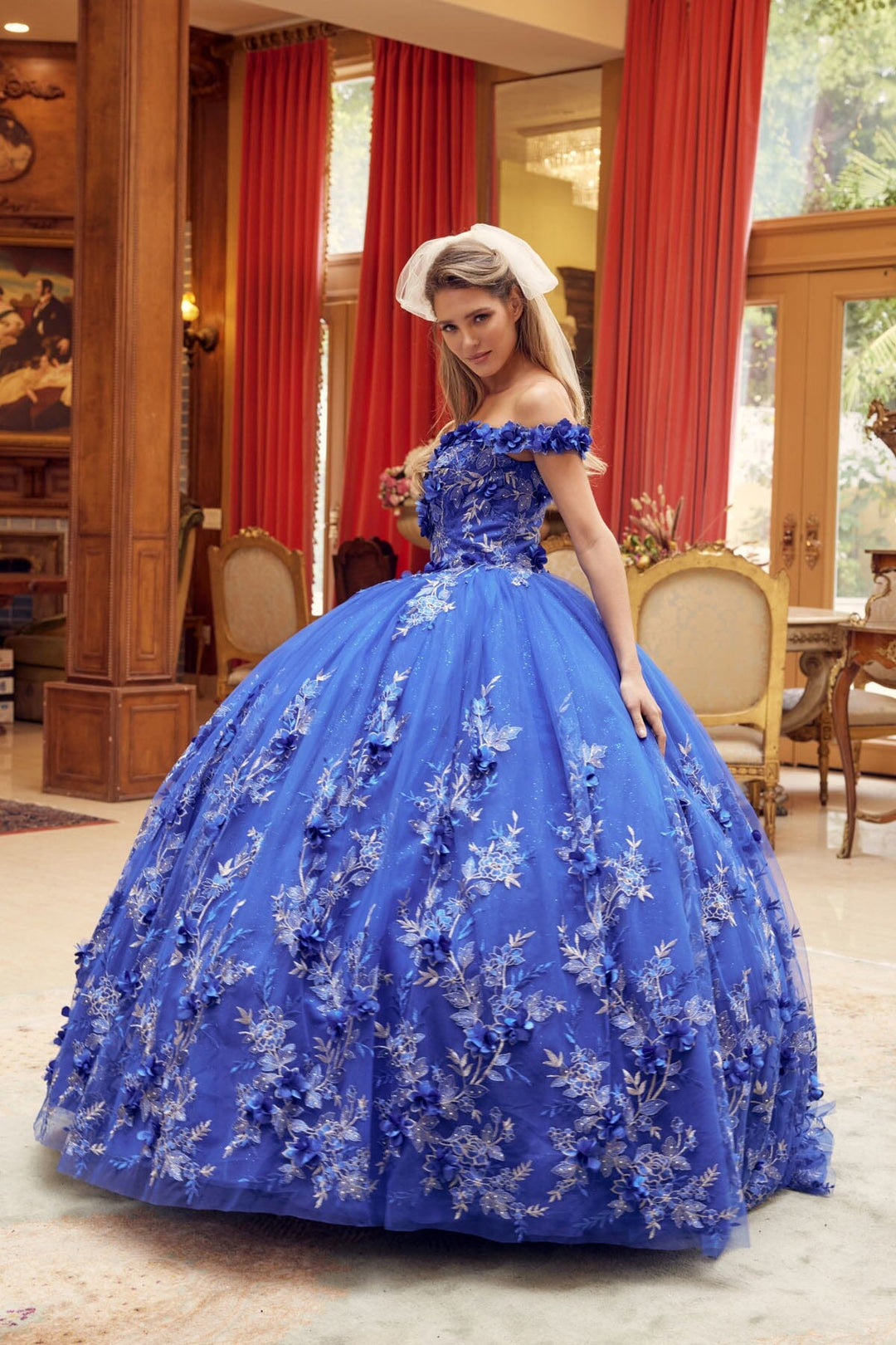 3D Floral Applique Off Shoulder Ball Gown by Juliet 1447