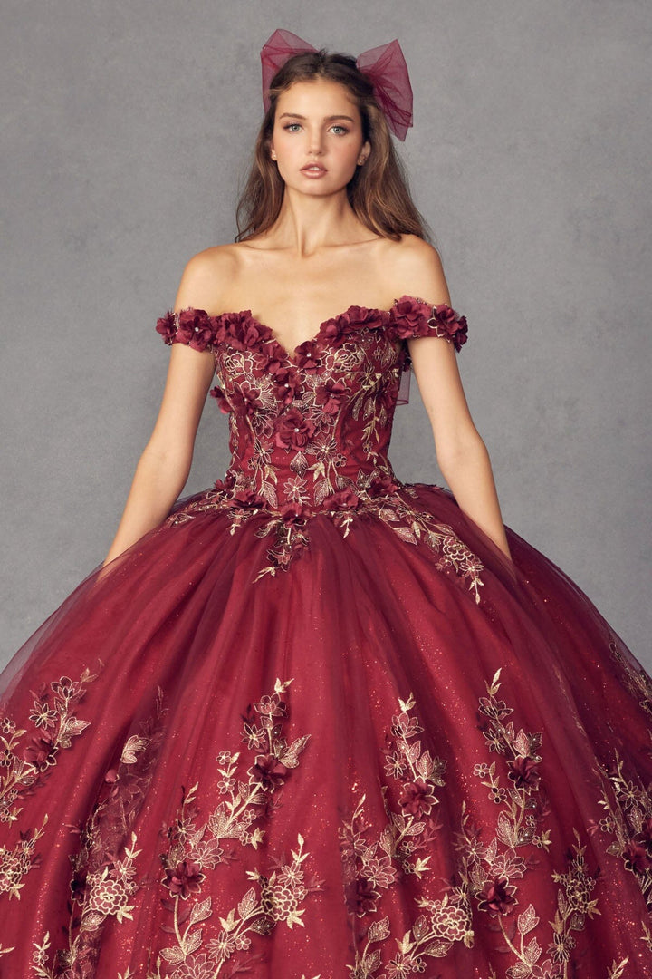 3D Floral Applique Off Shoulder Ball Gown by Juliet 1447